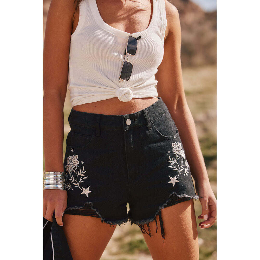12th Tribe Gracelyn Black Embroidered Shorts Size SS